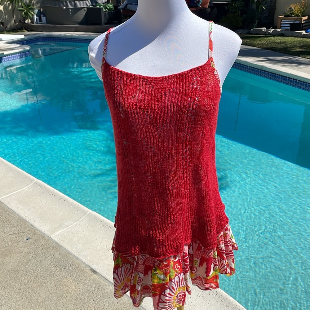 Rare Vintage FREE PEOPLE Red Cotton, Crochet, Ruffled, Tunic, Tank-Top |…